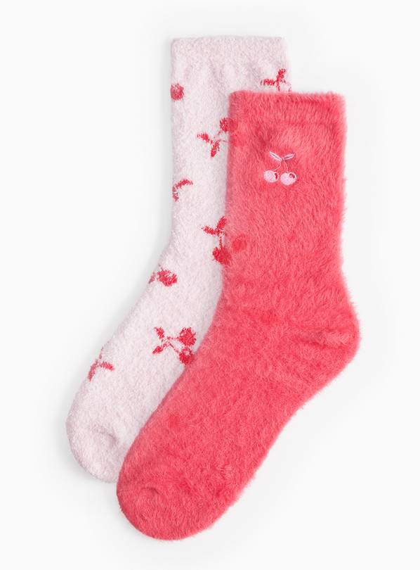 Pink Cherry Print Cosy Socks 2 Pack 4-8